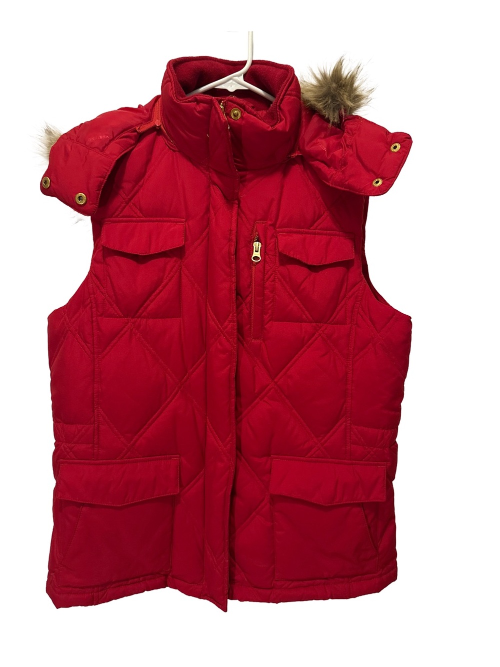 Lands' End Bright Red Quilted Puffer Vest with Faux Fur Trim Hood Size M 10-12